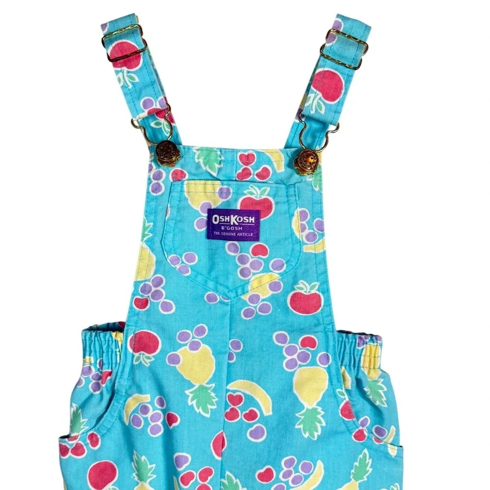 Vintage OshKosh Bgosh Fruit Print Overalls Kids Turquoise Vestbak USA Made Sze 5